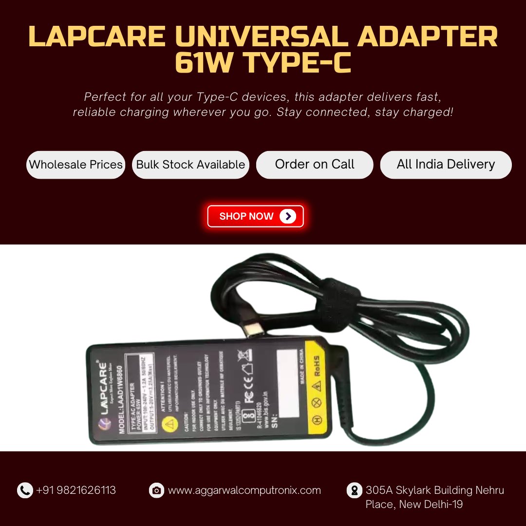 aggcomputronix's tweet image. Power up with the LAPCARE Universal Adapter 61W Type-C 🔋⚡ Perfect for all your Type-C devices, this adapter delivers fast, reliable charging wherever you go. Stay connected, stay charged! 💻📱

#AggarwalComputronix #LAPCARE #UniversalAdapter #TypeCCharging #FastCharging 
🧵