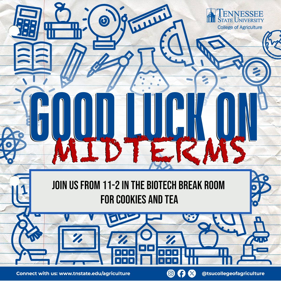TSUCollegeofAG's tweet image. Take a break from midterms! 🍪🫖 Join us today in the Biotech break room from 11-2 for cookies and tea. A perfect snack to recharge and refocus! #StudyBreak #MidtermMotivation #TSUAg