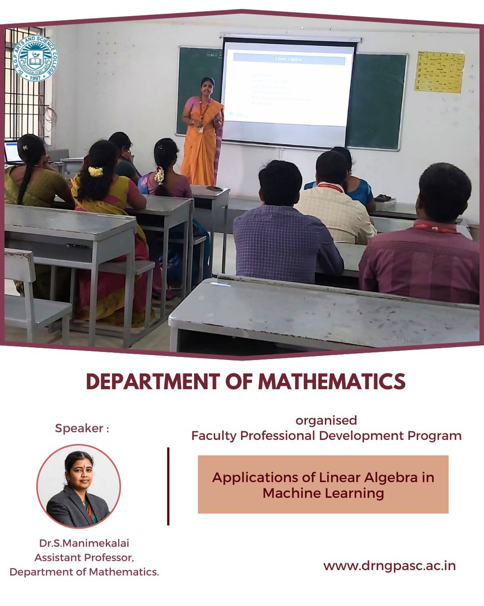 DrNGPASC_KMCRET's tweet photo. The Department of Mathematics organized a Faculty Professional Development session on "Applications of Linear Algebra in Machine Learning," conducted by Dr. S. Manimekalai from the Department of Mathematics.
#fdp #mathematics #drngpasc #ngpasc https://t.co/Bw8I192gfQ
