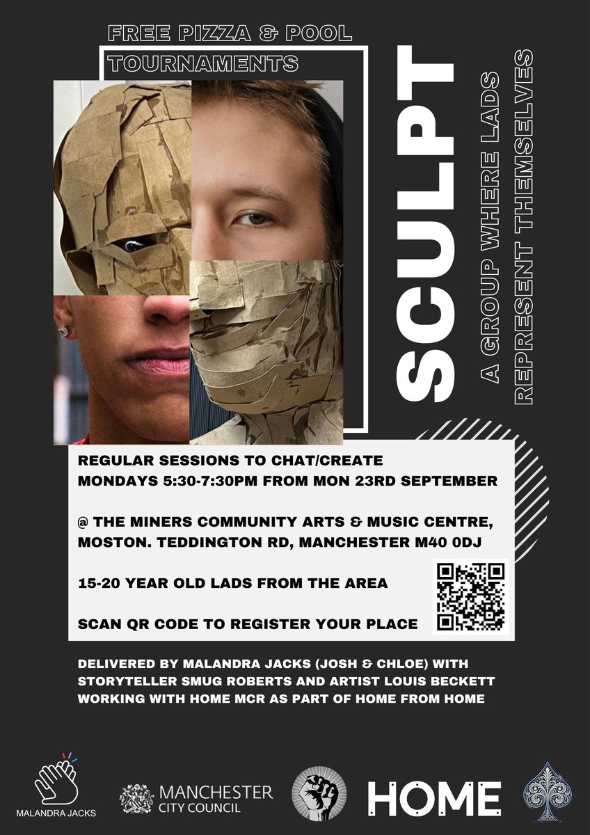 SICK! Festival (@sickfestival) on Twitter photo Join our friends <a href="/MalandraJacks/">Malandra Jacks</a> at the Miners in Moston for SCULPT, which is a weekly session for lads between the ages of 15 - 20 where there will be chatting, eating pizza, making some art and having weekly pool tournaments.
More Info: linktr.ee/MalandraJacks Join our friends <a href="/MalandraJacks/">Malandra Jacks</a> at the Miners in Moston for SCULPT, which is a weekly session for lads between the ages of 15 - 20 where there will be chatting, eating pizza, making some art and having weekly pool tournaments.
More Info: linktr.ee/MalandraJacks
