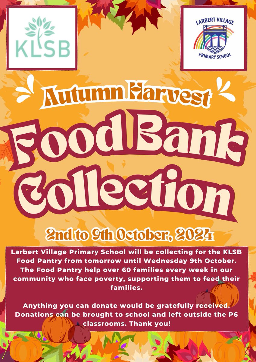 As part of Larbert Village’s Harvest Celebrations P6R are organising a foodbank collection for <a href="/KLSBGroup/">KLSB Community Group</a>  Food Pantry in Stenhousemuir. If you would like to donate please send in items before Wednesday 9th October. Thank you so much for your help! 🥫🍪🧃☕️ <a href="/LarbertVillage/">Larbert Village PS</a>