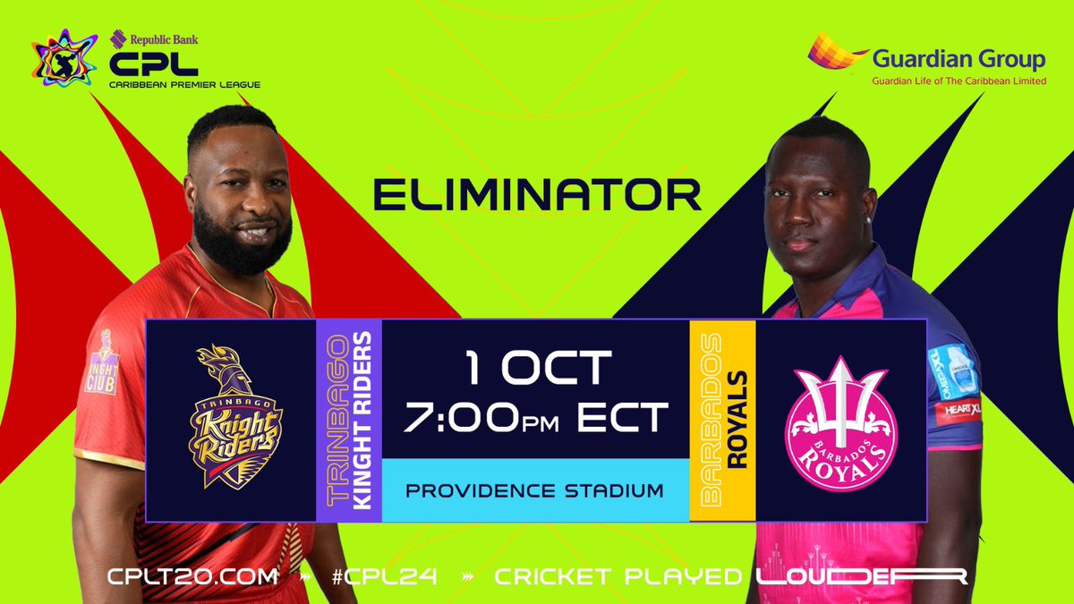 The knock outs are set! 

Who will get their hands on the CPL trophy 🏆???  

Tune in at 7pm sharp to take in all the action. 

#CPL24 #CPLPlayoffs #TKRvBR #CricketPlayedLouder #BiggestPartyInSport #GuardianGrouptt