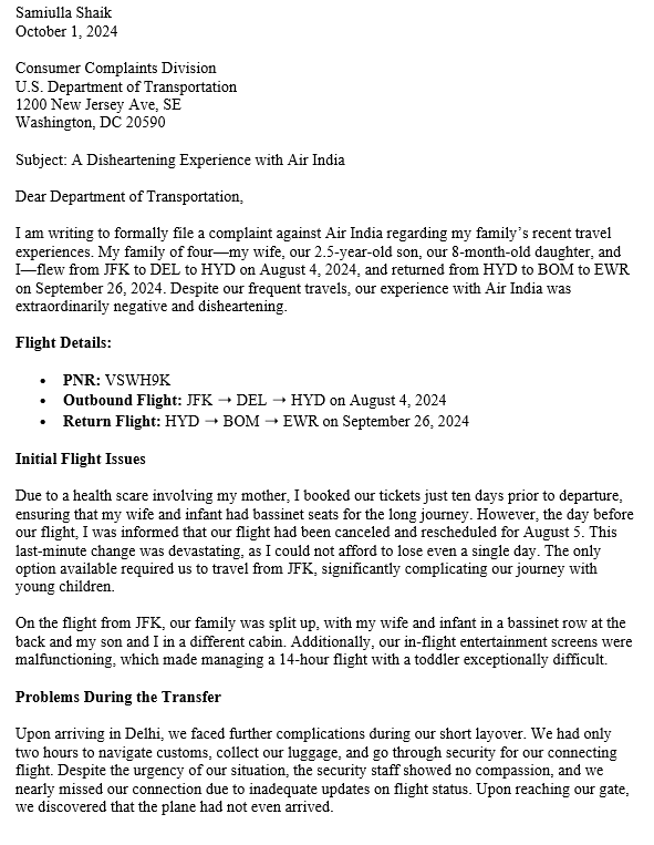 samiulla4all's tweet photo. @airindia @USDOT @USAGov @TheFAAOnline 
Dear Department of Transportation,
I am writing to formally file a complaint against @airindia  regarding my family’s recent travel experiences. https://t.co/Aw0hwb0neb
