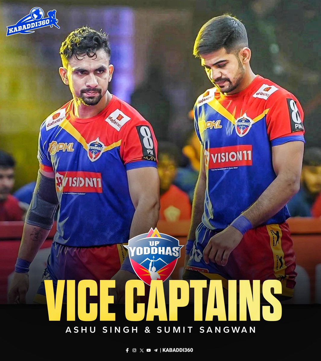 Kabaddi_360's tweet photo. U.P. Yoddhas appoints 2 young defenders as vice-captains! Ashu Singh &amp; Sumit Sangwan to be Surender Gill's deputies
.
.
.
#ashusingh #sumitsangwan 
#vicecaptain #UpYoddhas 
#Prokabaddi #pkl2024 
#pklseason11 #kabaddi360 https://t.co/q7JDBYFEd0
