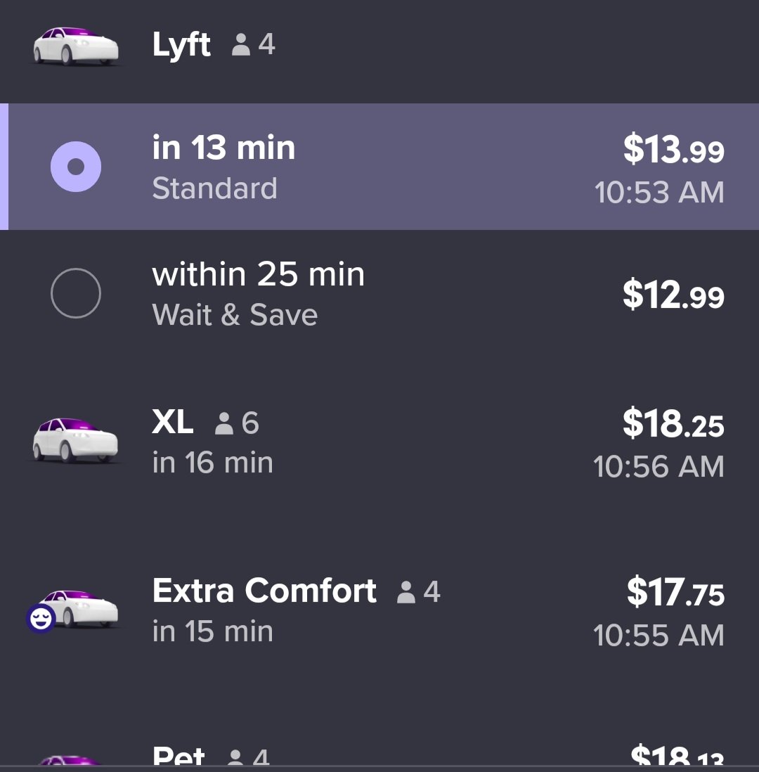 Differences between Uber and Lyft right now to the same location. Uber was cheaper yesterday for the same trip.

This is the shit I'm unhappy about. 🙁