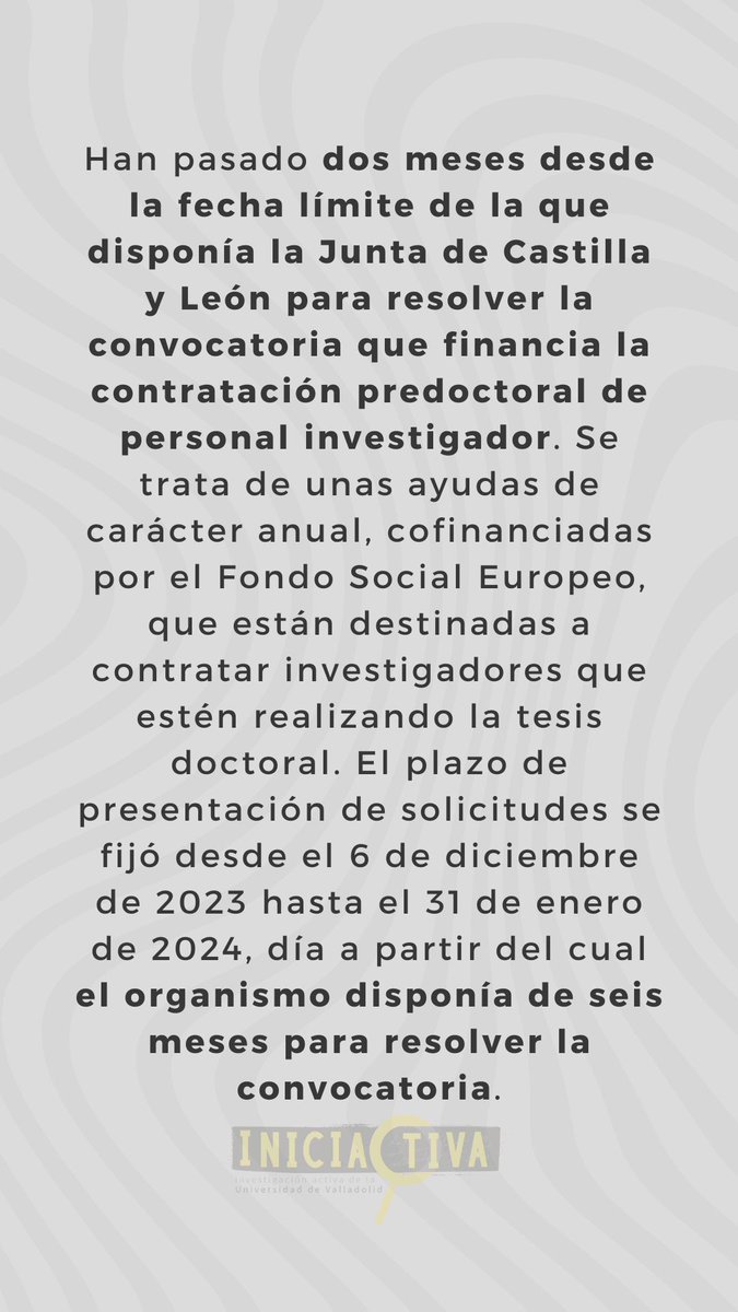 IniciactivaUVa's tweet photo. 📢La Junta de Castilla y León concentra dos meses de retraso en la resolución de los contratos predoctorales 
 @INNOVASalamanca @AIF_unileon 

@Rtvcyl @nortecastilla @ocvalladolid @elmundocyl @TribunaVa @EPCastillayLeon @noticiascyl @ultimoCero @ABC_CastyLeon @CadenaSERCyL https://t.co/qEKWNNAopJ