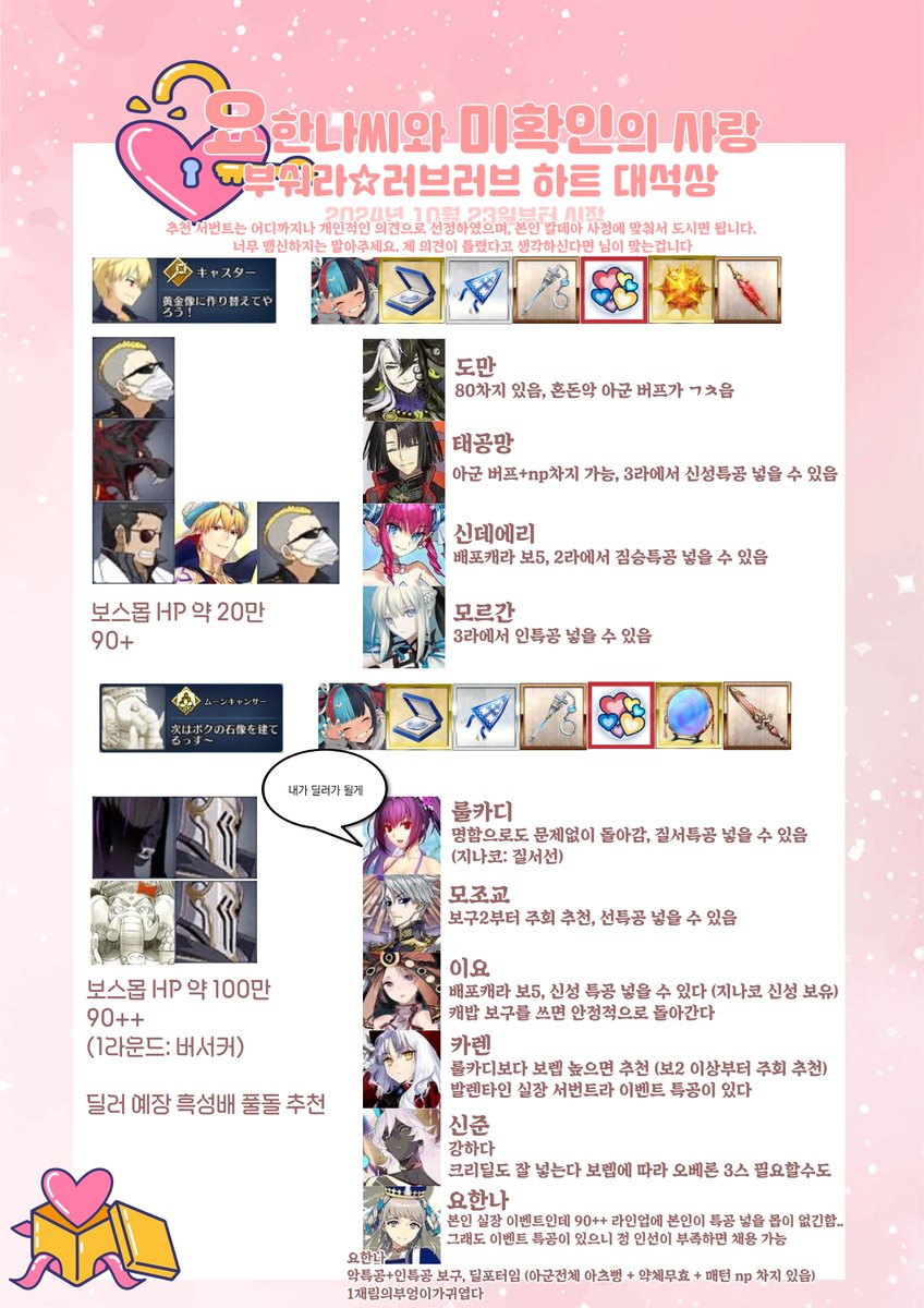 포스타입 아이디 까먹어서 그냥 올림 따흐흑

10월 23일에 시작하는 한그오 발렌타인 이벤트 프리퀘스트 정리했어요
90+,90++ 추천캐들은 진짜 제 개인적인 의견으로 추천만 한거니 너무 맹신하진 마시고 본인 칼데아 사정에 맞춰서 도시면 될것같습니다
아이템 드랍에 스킬석이랑 모뉴피스는 뺐어요~