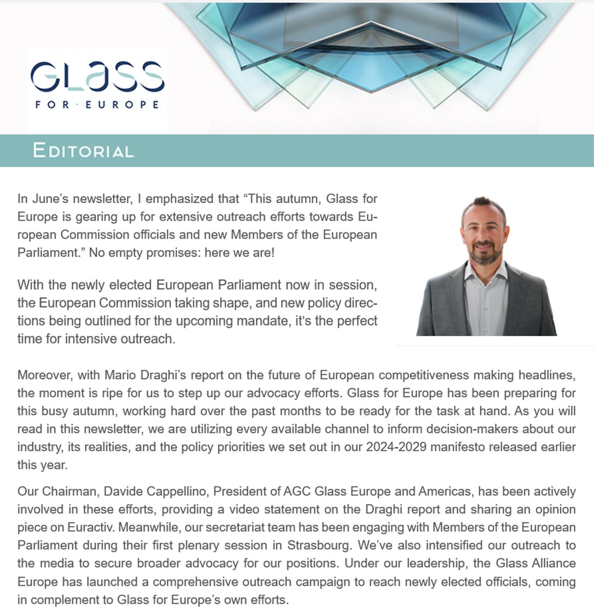 GlassForEurope's tweet image. The September 2024 edition of Glass for Europe's newsletter is out!

Check it out to learn about the priorities of the #glass and #glazing sector for the new term of the EU Commission and Parliament.

Register here and get the newsletter directly:
glassforeurope.com/newsletter/