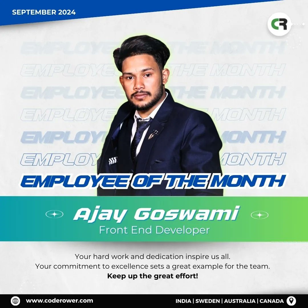coderower's tweet photo. 🌟 Congratulations to Ajay Goswami! 🌟

Our September Employee of the Month – a true example of dedication and excellence. Thank you for your hard work.

#coderower #employeeofthemonth #teamsuccess #teamrecognition #frontdeveloper #frontdevelopment #frontendexperts #developers https://t.co/8189hjemeh