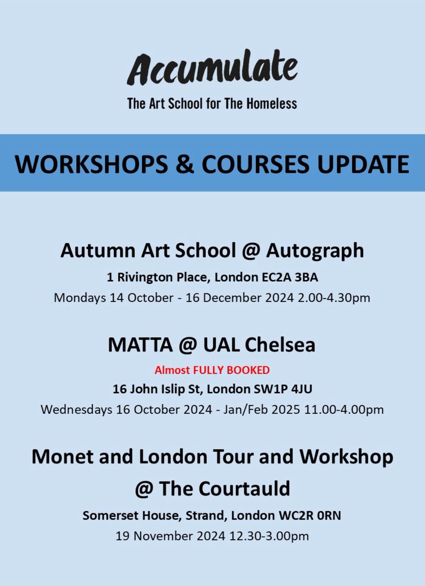 What’s on this Autumn! Our October &amp; November workshops are filling up fast. DM for more info accumulate.org.uk/the-accumulate…