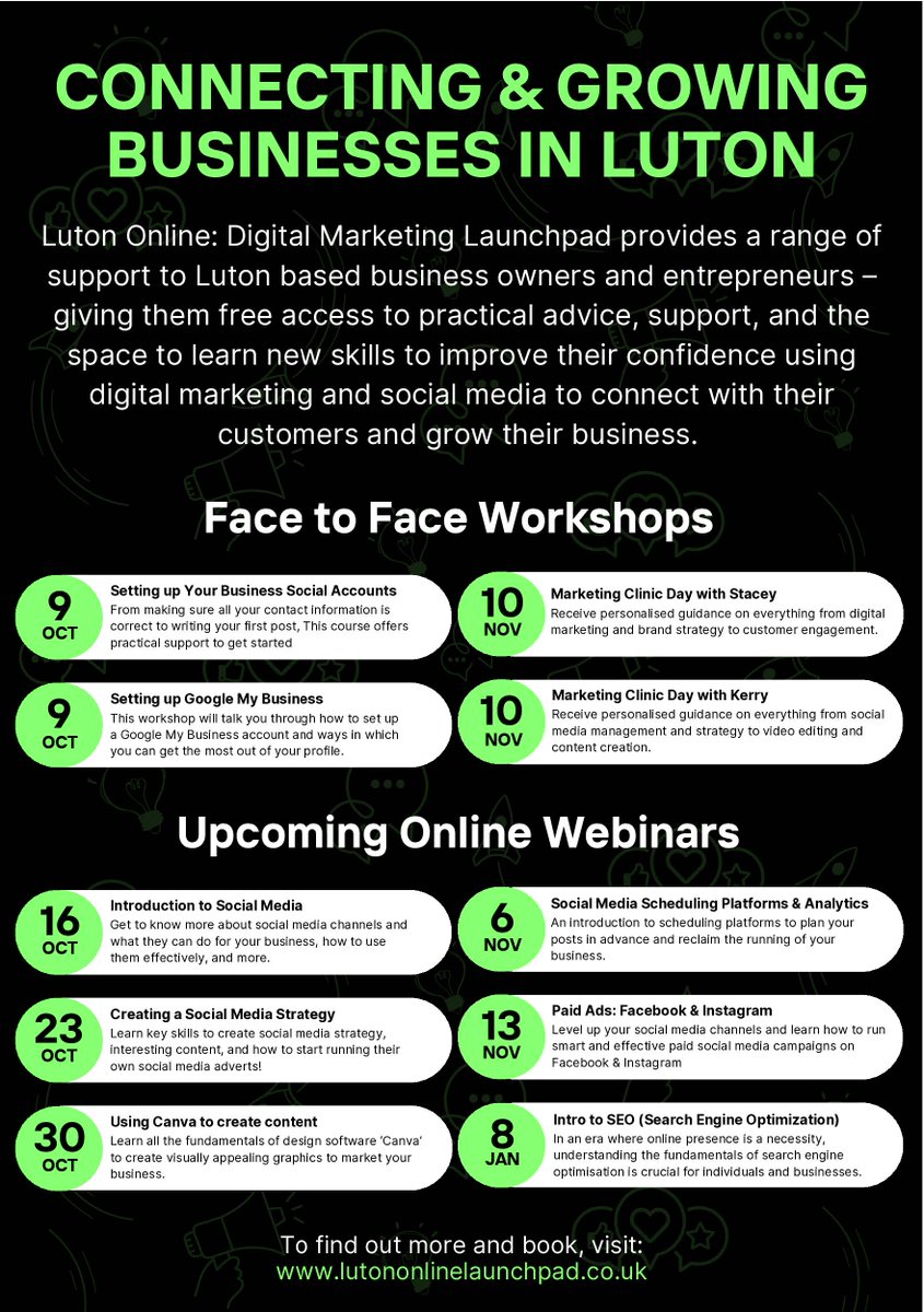 With just over a week to go, there is still time to sign up to the Luton Online Digital Marketing workshops!

You will be provided with a plethora of knowledge in 2 workshops designed to get your business propelled forward in the digital marketing world.

letsdobusinessgroup.co.uk/lutononline/#i…