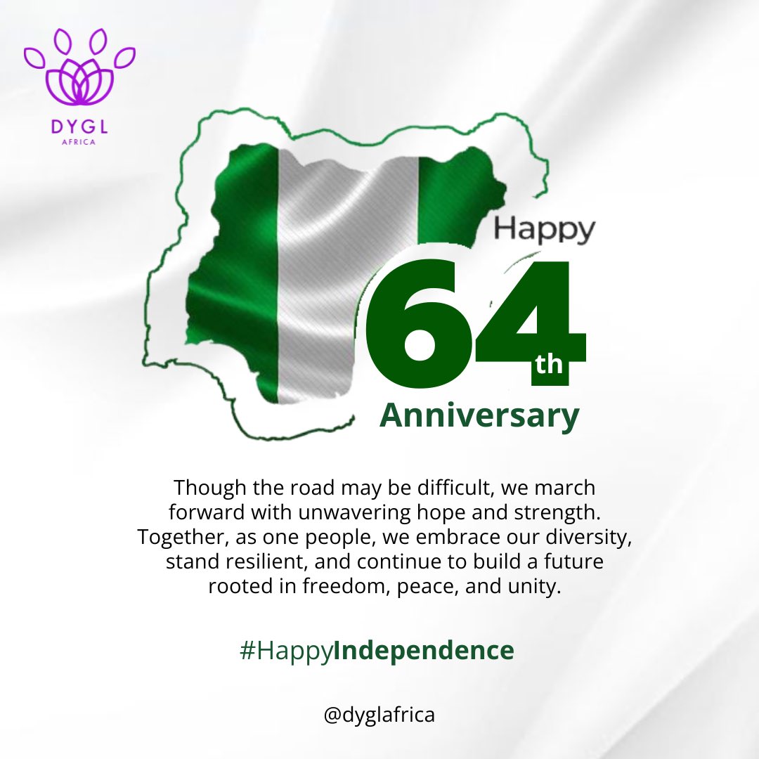 Nigeria marks another independence. Let the nation unite together to achieve greatness🎊🎊🎊

Happy new month and happy Independence Day Nigeria

#nigeriaat64 #64thindependenceday #dyglafrica