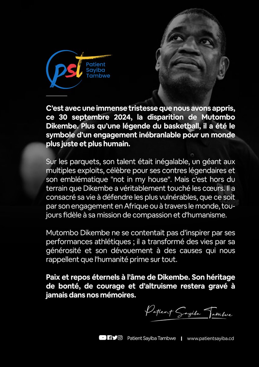TSayiba's tweet image. Paix et repos éternels à l’âme de Dikembe. Ton héritage de bonté, de courage et d’altruisme restera gravé à jamais dans nos mémoires.

#RIPMutombo #RIPDikembe