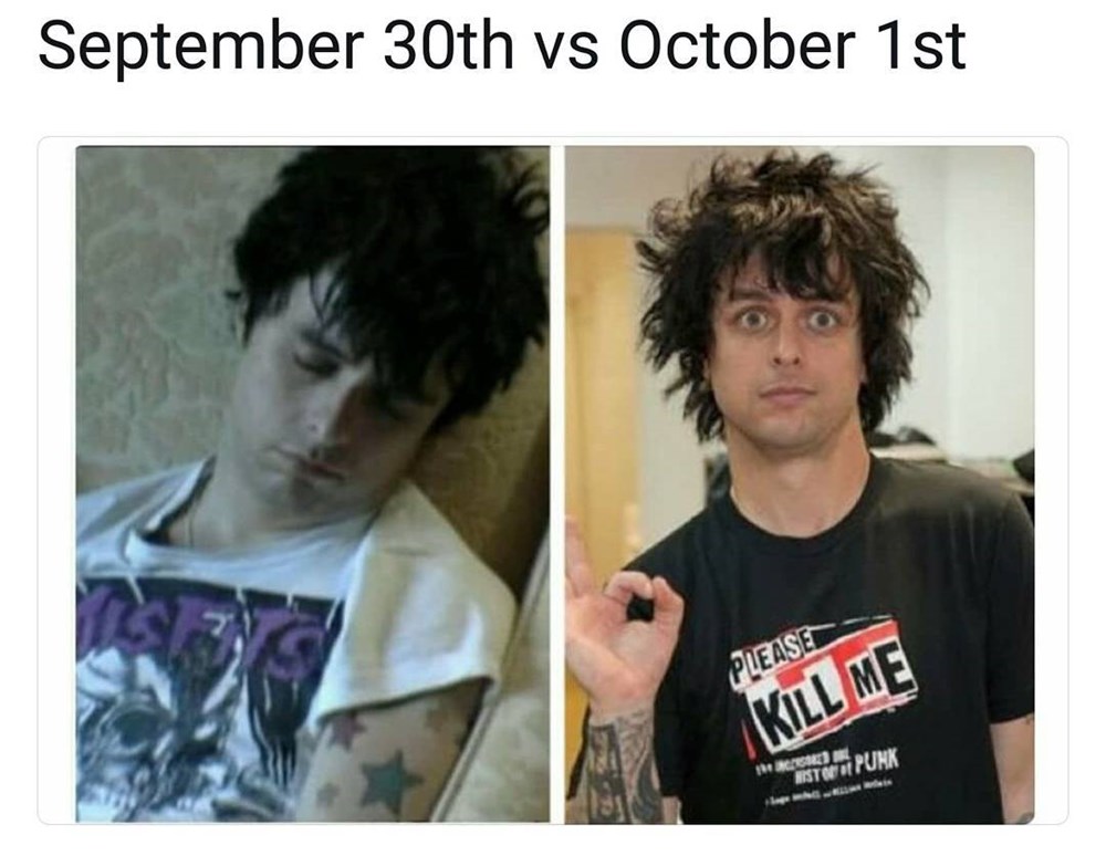 rjmcbean's tweet photo. Looks like Billie Jo got up early this year.   ���🤪🤓

#Greenday #VeryPunny #HappyOctober https://t.co/A52oGwb935