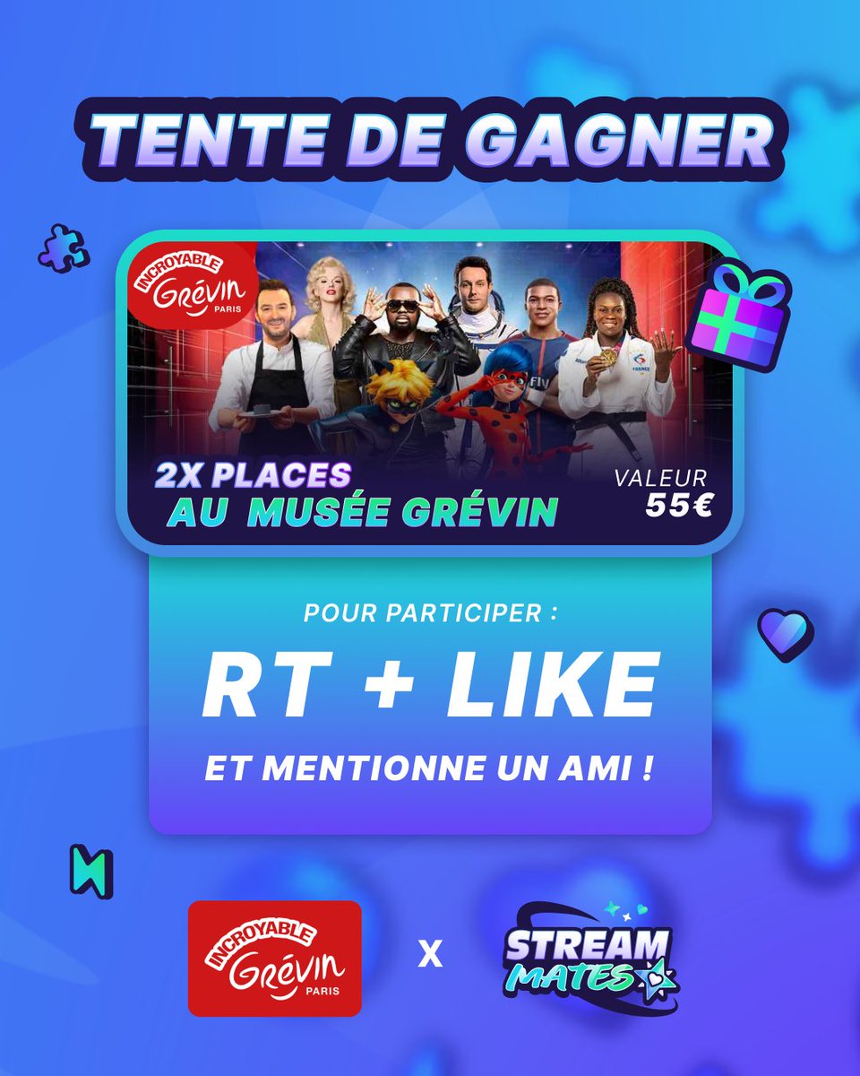 GIVEWAY offert pour l'évènement caritatif #StreamMates

Tente de GAGNER 2x PLACES <a href="/museegrevin/">Musee Grevin Paris</a> 

🔁RT 
❤️LIKE
👥&amp; Mentionne un ami ! 

⏱️TAS : 08/10/2024