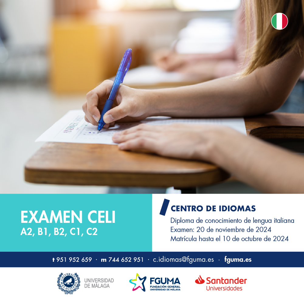 ¡Últimos días! 📢 Obtén tu certificado oficial de idioma italiano #CELI 🇮🇹 Desde A2 hasta C2 en #Málaga

Próximo examen: 20 de noviembre
Matrícula abierta hasta el 10 de octubre

Reserva tu plaza en fguma.es/idiomas-celi