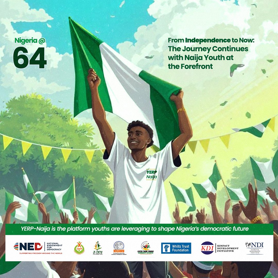 Good evening everyone,

As we celebrate Nigeria’s independence tomorrow, here is a unified social media post/graphic that all YERP-Naija partners, state focal persons, and volunteers can use. 

It would be great for everyone to share this in unison as we celebrate Naija.