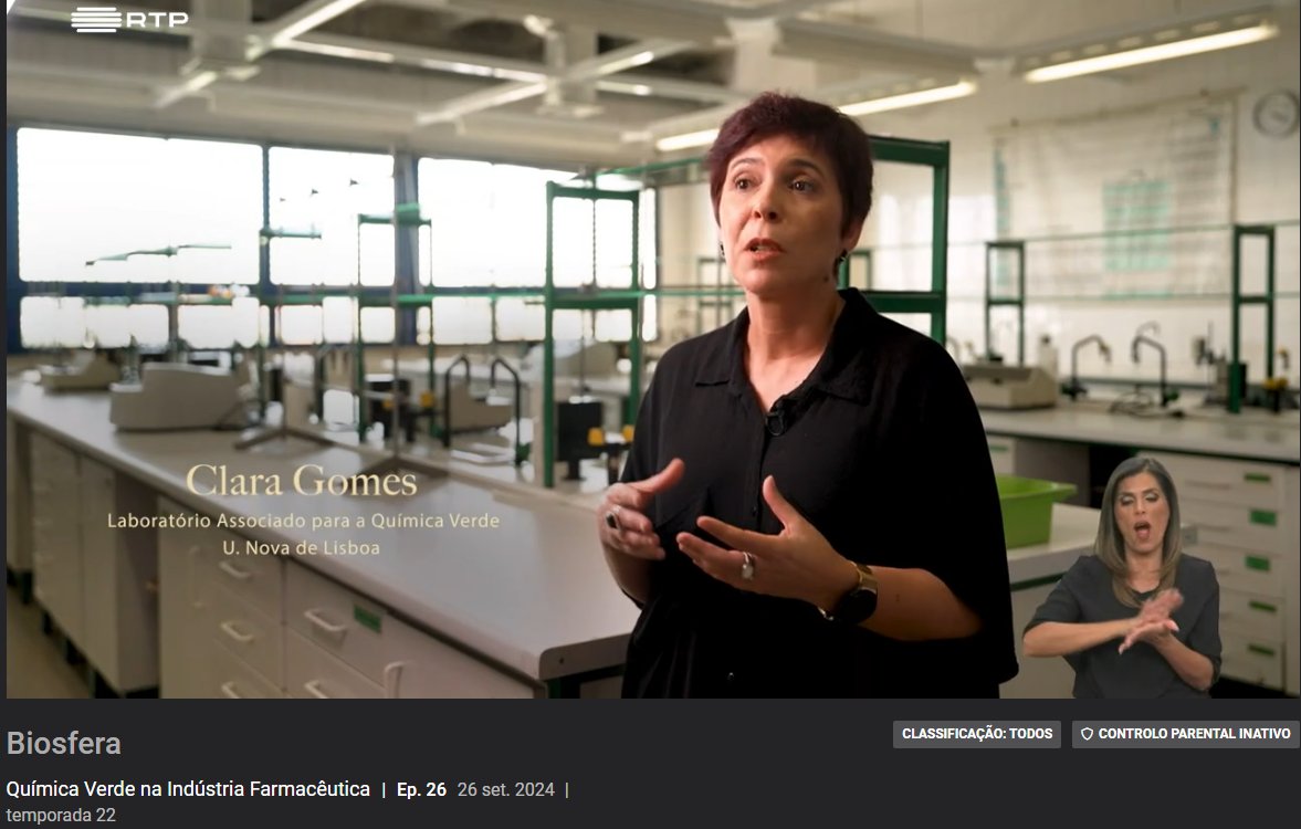 Clara Gomes, researcher at LAQV, NOVA FCT, participated in the episode 'Green Chemistry in the Pharmaceutical Industry' of the RTP2 programme Biosfera, where she talked about the project IMPACTIVE. 
Full article: laqv.requimte.pt/gazette/1124-i…