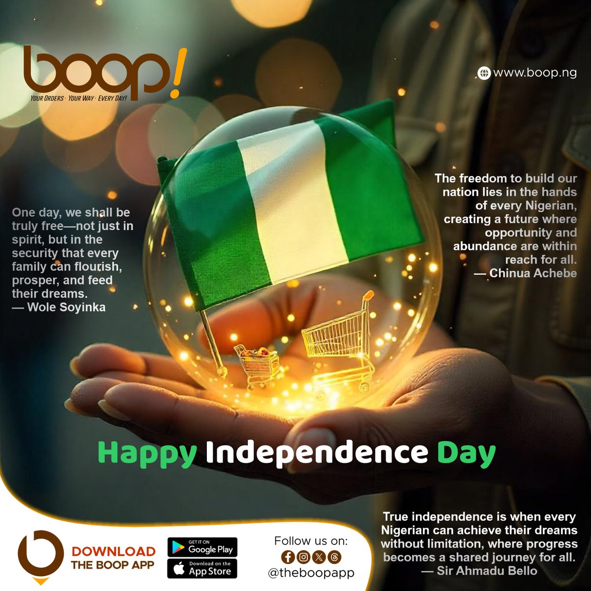theboopapp's tweet photo. 🇳🇬This Independence Day, we’re not just celebrating the past or present—we’re also jubilating the future as we count down to something new! 🎉
Get ready to launch your freedom to shop with ease and enjoy delightfulness at your fingertips. 📲
#NigeriaAt64 
#CountDown
#TheBoopApp https://t.co/sWFsKfNa4S