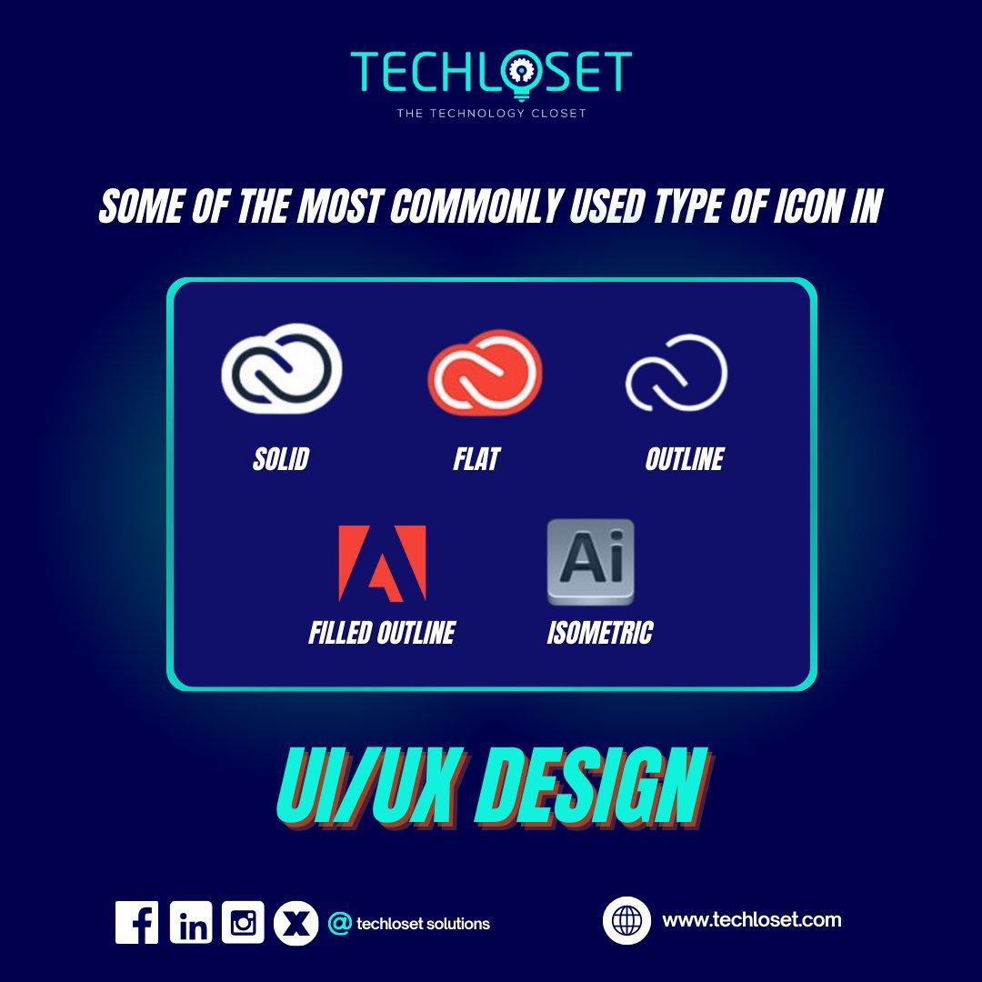techloset's tweet image. Diving into the world of UI/UX design with some of the most commonly used icon styles: Solid, Flat, Outline, Filled Outline, and Isometric ✨

#techlosetsolution #UIUXDesign #IconStyles #Solid #Flat #Outline #FilledOutline #Isometric