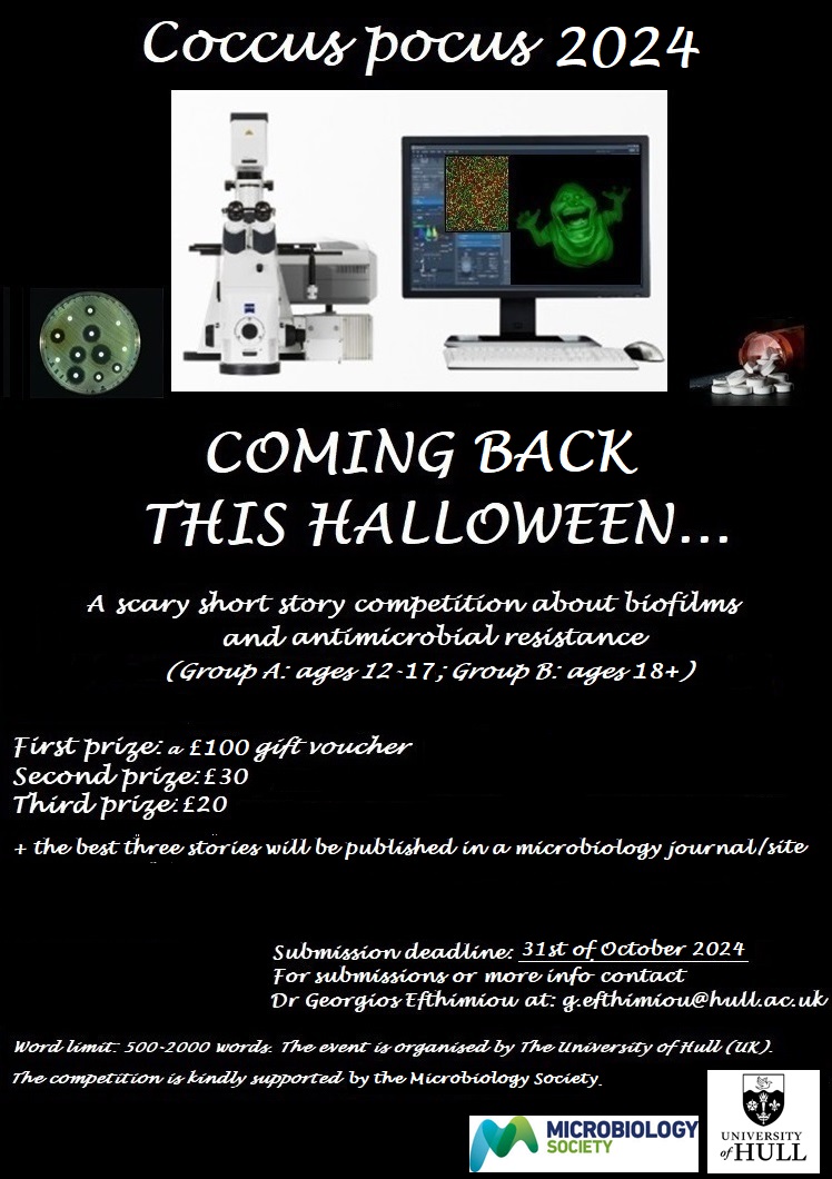 Georgios Efthimiou (@g_efthimiou) on Twitter photo October is here!!! Smells like Halloween already!!! #CoccusPocus, our microbiology-inspired scary story competition is back!!! Check out our poster below. Any creepy ideas? Deadline: 31/10/24, 23:59. Thanks to <a href="/MicrobioSoc/">Microbiology Society</a> for the funding! <a href="/uniofhull/">University of Hull</a> <a href="/HullYorkMed/">Hull York Medical School</a> <a href="/FacHealthHull/">Hull Health Sciences</a> October is here!!! Smells like Halloween already!!! #CoccusPocus, our microbiology-inspired scary story competition is back!!! Check out our poster below. Any creepy ideas? Deadline: 31/10/24, 23:59. Thanks to <a href="/MicrobioSoc/">Microbiology Society</a> for the funding! <a href="/uniofhull/">University of Hull</a> <a href="/HullYorkMed/">Hull York Medical School</a> <a href="/FacHealthHull/">Hull Health Sciences</a>
