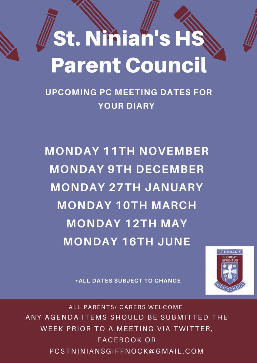 StNiniansPc's tweet photo. Please see details for our next meeting on Monday 7th Oct at 7pm and the details for all upcoming meetings for school year 24/25. Please submit any agenda items by Friday 4th. https://t.co/mye8Pf73Xu