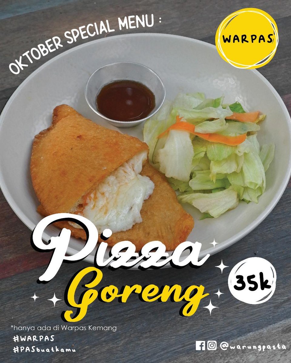 Special Oktober di #Warpas Kemang 
Hanya 35K  kamu sudah bisa nikmati kelumeran pizza goreng yg super yummy 😋

#Warpas#Pasbuatkamu#Promo#pizzagoreng#pasbuatgayaloe