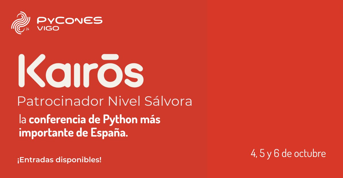 Kairós (@wearekairos_) on Twitter photo ¡La cuenta atrás para <a href="/PyConES/">PyCon España - 🦋 @es.pycon.org 🦋</a> 2024 ha comenzado! 🚀
Del 4/10 al 6/10 estaremos en Vigo como patrocinadores de la conferencia más importante de Python en el país. 💻✨
¡No te pierdas esta oportunidad de aprender y conectar! 🎟️ Entradas: 2024.es.pycon.org ¡La cuenta atrás para <a href="/PyConES/">PyCon España - 🦋 @es.pycon.org 🦋</a> 2024 ha comenzado! 🚀
Del 4/10 al 6/10 estaremos en Vigo como patrocinadores de la conferencia más importante de Python en el país. 💻✨
¡No te pierdas esta oportunidad de aprender y conectar! 🎟️ Entradas: 2024.es.pycon.org