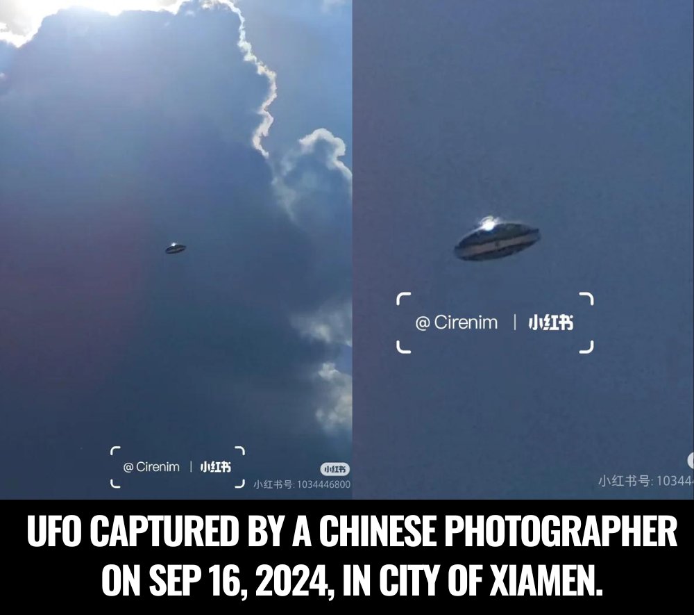 Unexplained2020's tweet photo. A UFO was captured by a Chinese Photographer on September 16, 2024, in the city of Xiamen.

A Chinese photographer named 'Cirenim' saw something strange when he tried to capture the clouds, then he took a picture and posted it on social media.

H/T: u/ScientistOk3115 via Reddit
