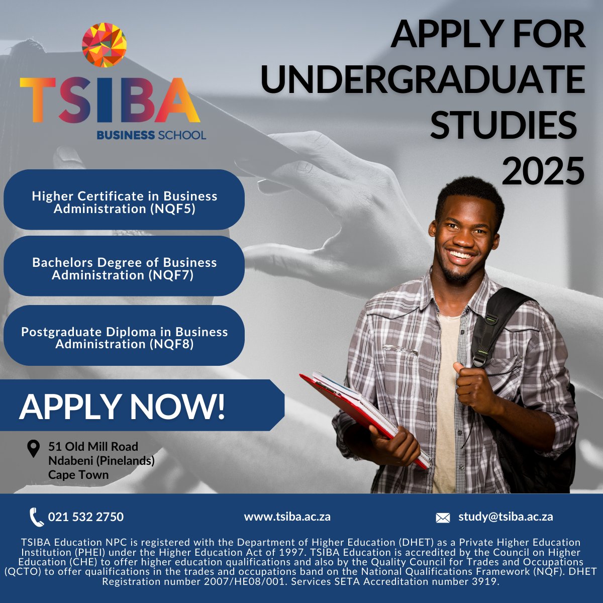 Applications for 2025 are now open!

From our Higher Certificate to BBA and Postgraduate Diploma, TSIBA equips future leaders with the skills to thrive. Join a community focused on ethics, sustainability, and innovation.

Apply now: sis.tsiba.ac.za/enquire/?intPr…