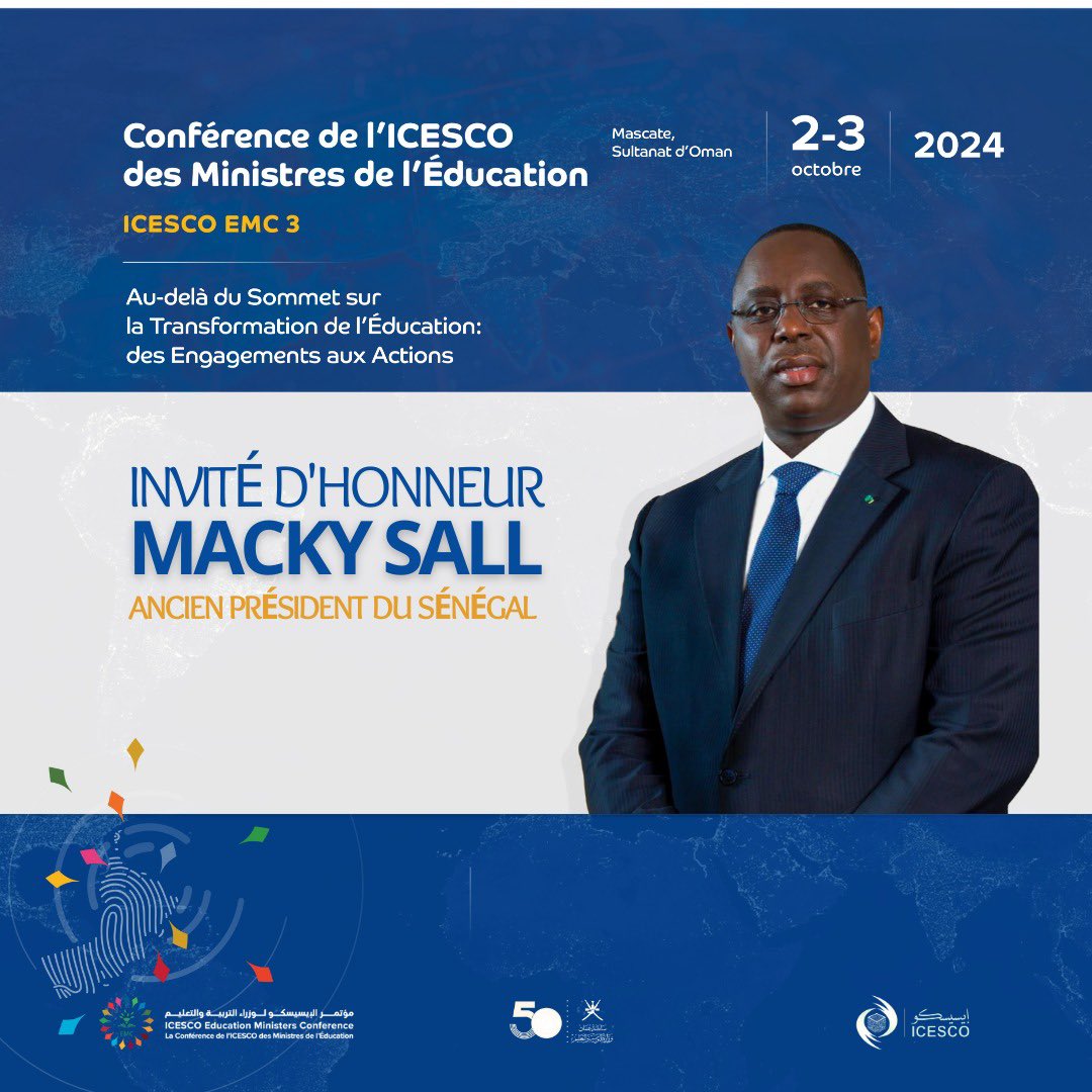 Je me réjouis de participer, en tant qu'invité d'honneur, les 2 et 3 octobre à Mascate, Oman, à la Conférence des ministres de l'Éducation de l'Organisation du Monde Islamique pour l'Éducation, les Sciences et la Culture (ICESCO), institution spécialisée de l'#OCI. Le soutien à