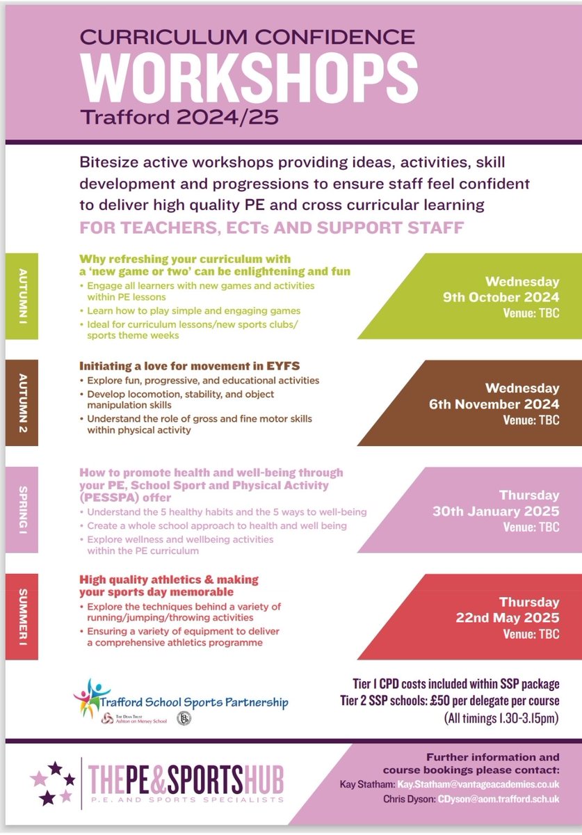 Trafford Curriculum Confidence Workshops providing ideas, activities, skill development and progressions to ensure staff feel confident to deliver high quality PE and cross curricular learning.

These sessions can be booked through your School Games Organiser.