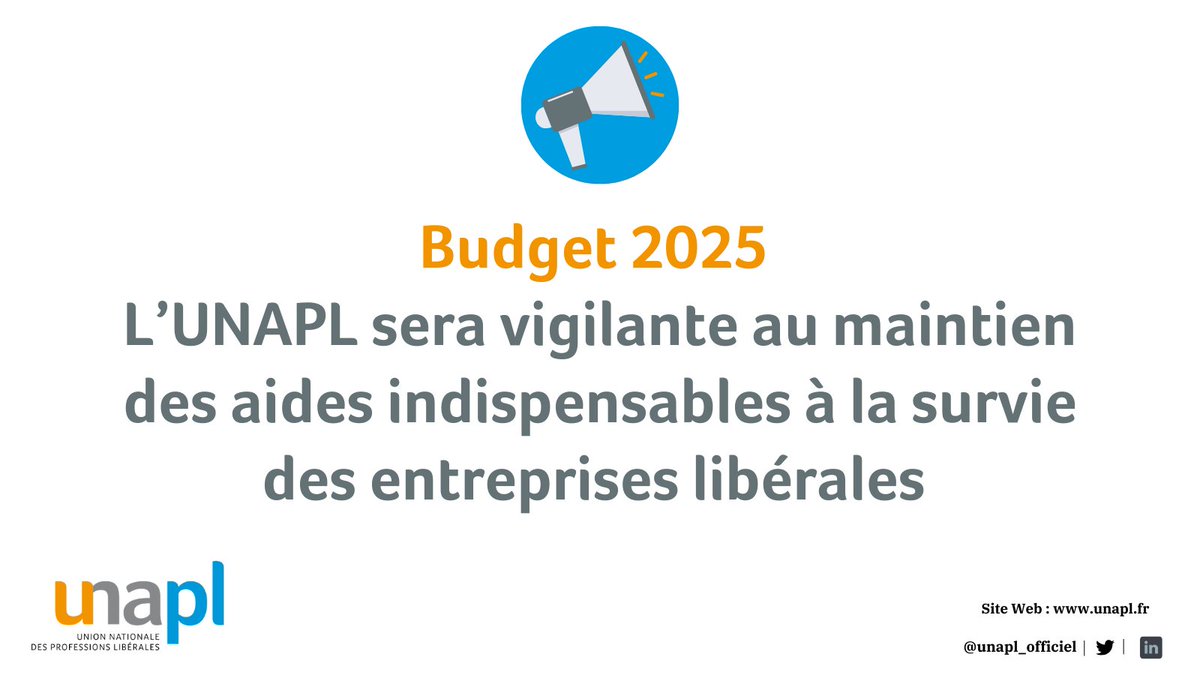 unapl_officiel's tweet photo. 🔴 Budget 2025 : l’UNAPL sera vigilante au maintien des aides indispensables à la survie des entreprises libérales 🔴
⚠ Alors que le PLF 2025 se dessine, l’#UNAPL s’inquiète des mesures budgétaires qui pourraient impacter les TPE libérales ⤵
📌 https://t.co/DySMTyrGBm https://t.co/WFHr90lPIi