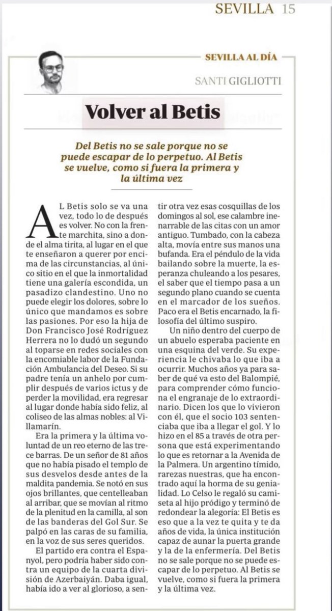 «Del Betis no se sale porque no se puede escapar de lo perpetuo. Al Betis se vuelve, como si fuera la primera y la última vez». Maravilloso artículo de ⁦<a href="/santigigliotti/">Santi Gigliotti</a>⁩