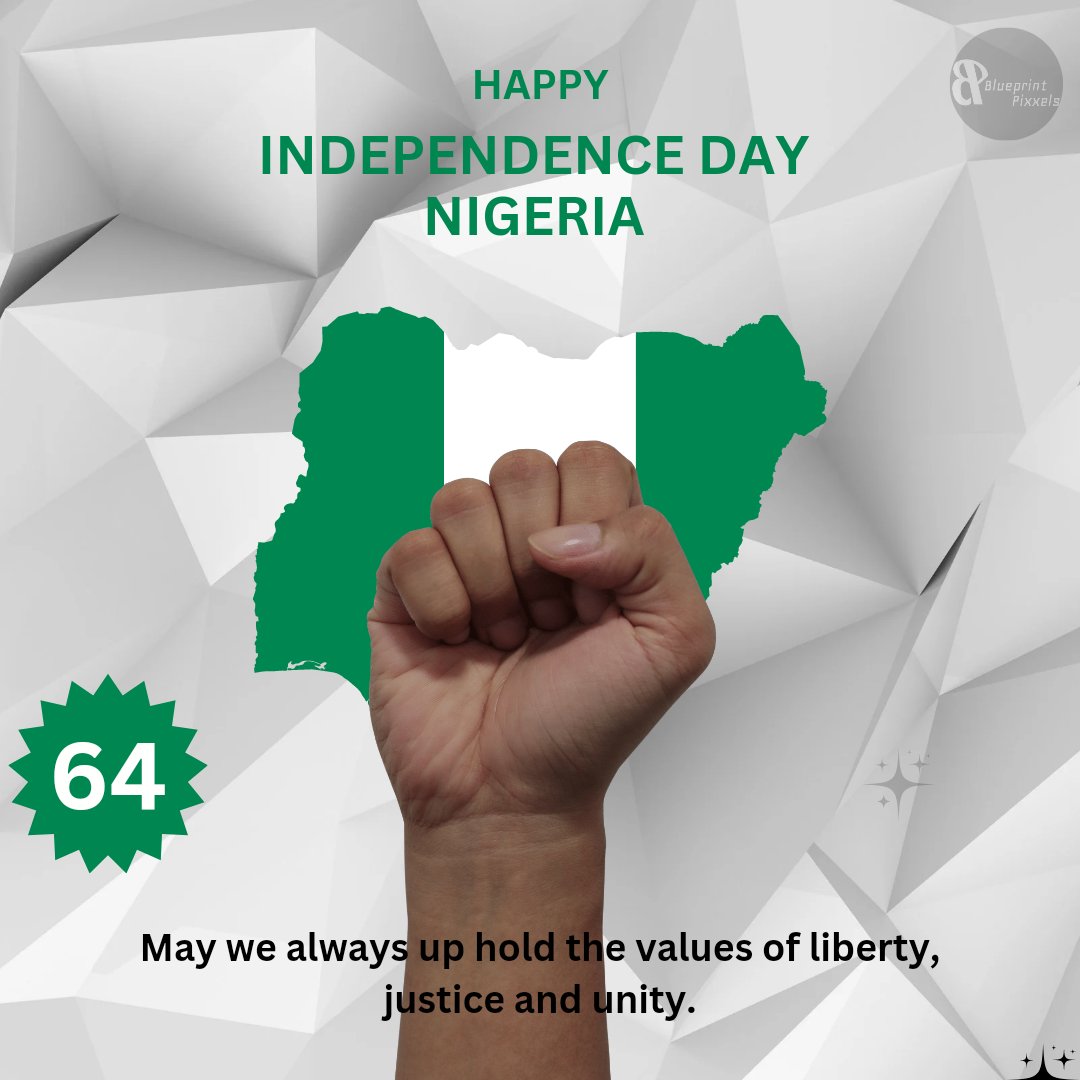 BlueprintPixxel's tweet photo. Happy Independence Day, Nigeria! 🇳🇬 

Today, we celebrate our nation's strength, unity, and the diverse beauty that makes us truly unique. Here's to 64 years of freedom, progress, and the bright future ahead. 

Blueprint Pixxels care 💯 

#nigeriaat64 #happyindepenceday https://t.co/U2yQVdVtPV