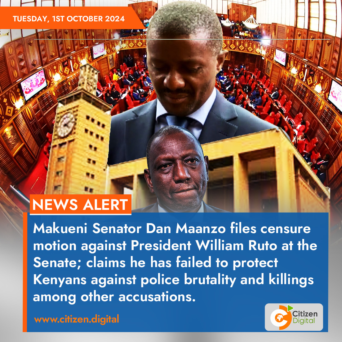 citizentvkenya's tweet image. Makueni Senator Dan Maanzo files censure motion against President William Ruto at the Senate; claims he has failed to protect Kenyans against police brutality and killings among other accusations