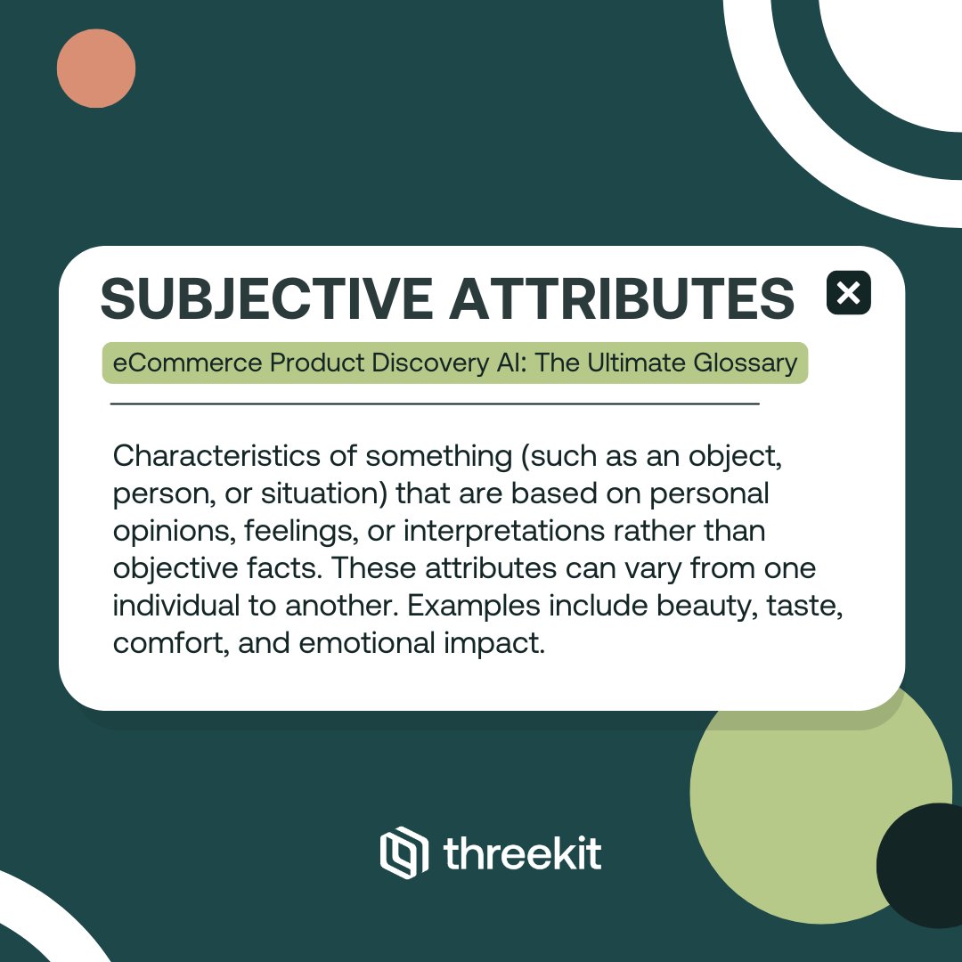 Unlock the power of personalization with Subjective Attributes! 🌟 These traits—like beauty &amp; comfort—help shoppers connect with products based on personal preferences.

Discover more in our AI-powered eCommerce glossary: threekit.com/ecommerce-prod…

#eCommerce #Personalization
