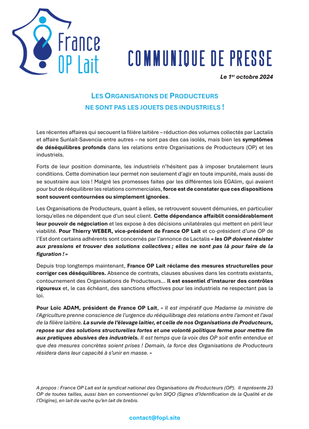 📣 COMMUNIQUE DE PRESSE 📣

"Les Organisations de Producteurs ne sont pas les jouets des industriels !" ⤵️