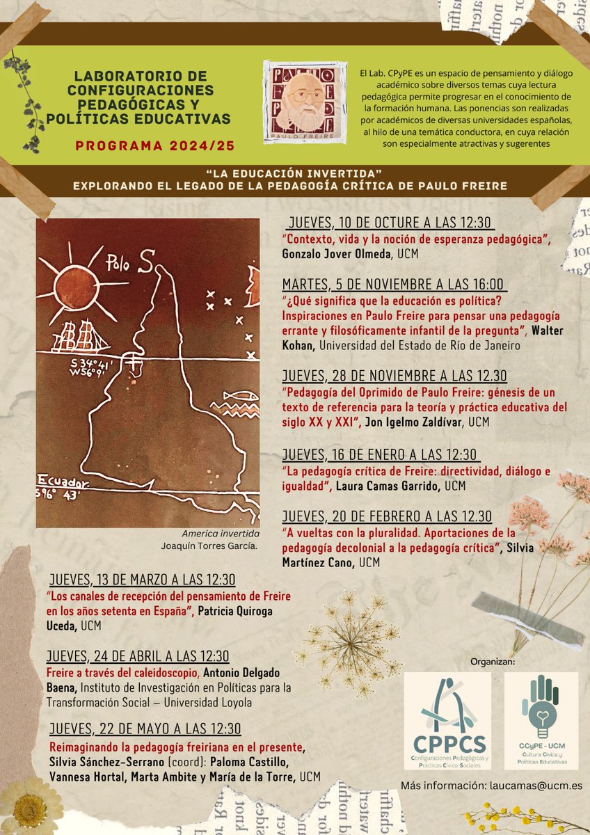 CCyPE_UCM's tweet photo. ⚠️¡Ya tenemos listo el programa 24/25 del Laboratorio de Configuraciones Pedagógicas y Políticas Educativas que organizamos junto al @CPyPC_2024!  Este año lleva por título "La educación invertida: explorando el legado de la pedagogía crítica de Paulo Freire". ¡Os esperamos! https://t.co/iN3Ir9j1xx