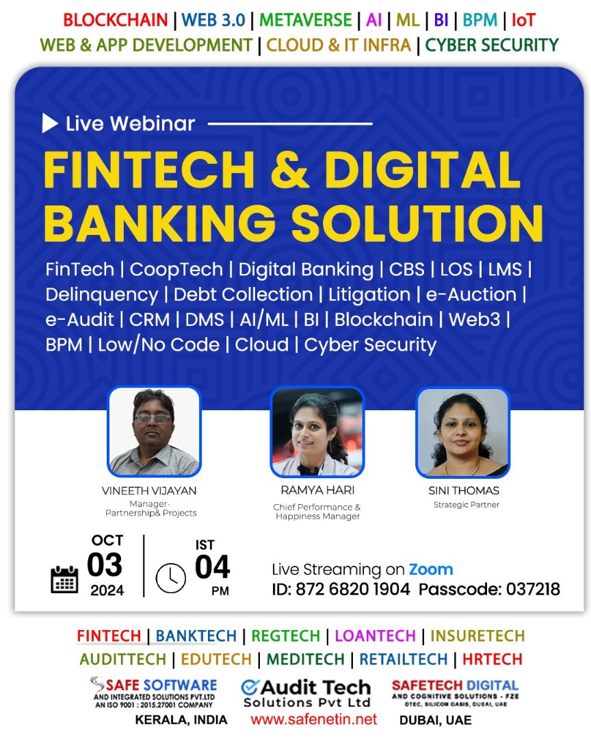 Don't miss out on this opportunity to connect with industry experts and explore new digital strategies on FinTech &amp; Digital Banking Solutions.

Time: Oct 3, 2024 04:00 PM India

Join Zoom Meeting
us02web.zoom.us/j/87268201904?…

Meeting ID: 872 6820 1904
Passcode: 037218