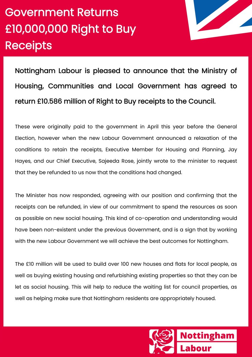 We are pleased to announce the return of over £10 million of Right to Buy receipts from the government, which will be used to build and buy new social housing for Nottingham residents.