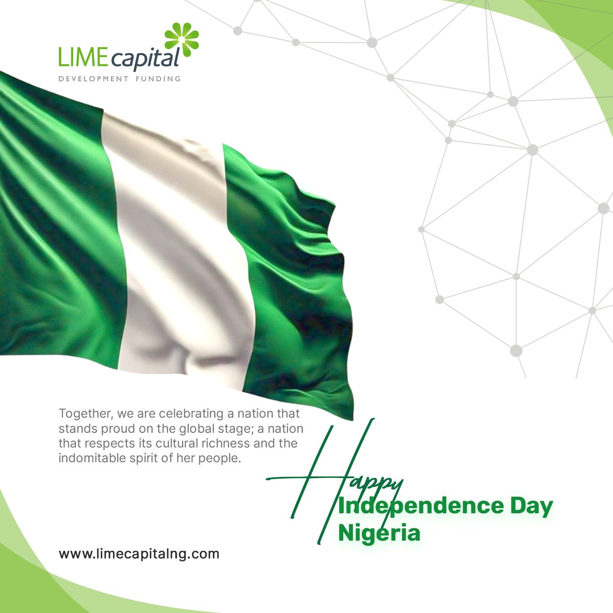 limecapitalng's tweet photo. Happy Independence Day, Nigeria! Together with Lime Capital, let’s build a prosperous future. 
#NigeriaAt64 #IndependenceDay #LimeCapital #EmpoweringNigeria https://t.co/u9DyA02stz