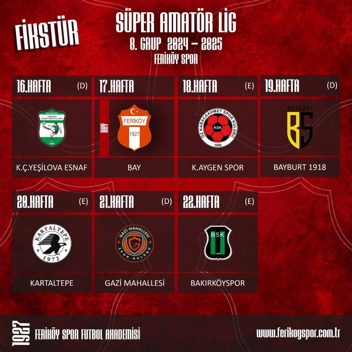 SAL Ligi 8.Grupta yer alan Feriköy Spor Kulübümüzün 2024-2025 Sezonu Fikstürü.
#ferikoyspor #feriköyspor #feriköysporkulübü