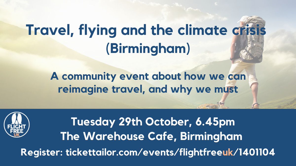 FlightFreeUK's tweet image. If you live in the Birmingham area, our event is coming your way: 29th Oct, Warehouse Cafe, 6.45pm.

Hear from @ShivajiShivaLaw, Edward Genochio @33rides, Dr Christel McMullan @christel_UoB &amp;amp; Anna from @FlightFreeUK about why and how to fly less. Tickets: tickettailor.com/events/flightf…