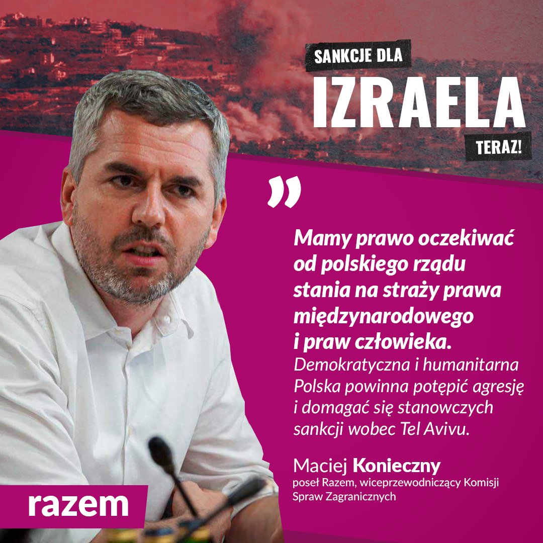 partiarazem's tweet photo. Wojska Izraela wkroczyły dzisiaj do Libanu. Skrajnie prawicowy rząd w Tel-Avivie przekracza kolejne granice, łamie prawo międzynarodowe i na masową skalę morduje ludność cywilną. W Gazie izraelskie bomby zabiły już ponad 40 tysięcy ludzi, kolejne dziesiątki tysięcy ofiar zmarły w wyniku głodu i braku środków medycznych. Zabitych cywilów w Libanie także liczymy już w tysiącach. 

Polska powinna wreszcie jednoznacznie potępić działania Benjamina Netanjahu, objąć Izrael sankcjami i wezwać kraje sojusznicze do tego samego.