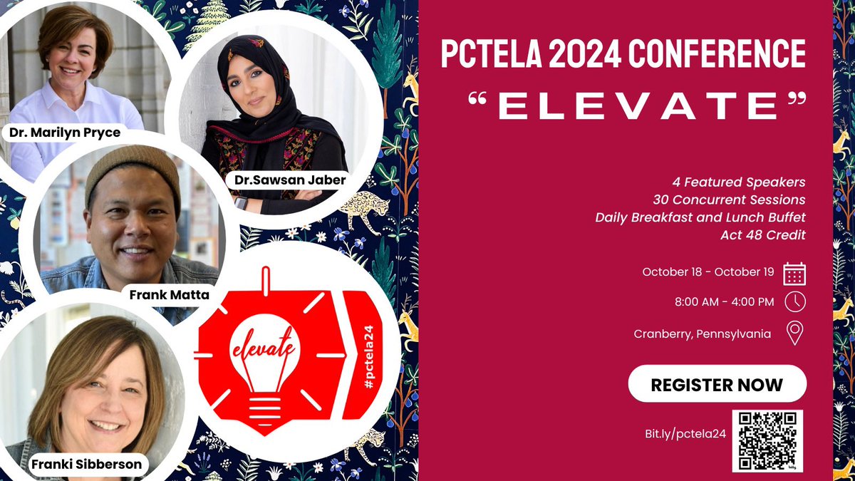 PCTELANews's tweet image. October is here! Are you ready to #elevate with us?! Join us for 2 incredible days of PD, networking, and fun! Our early bird pricing ends soon; get it while you can. Can’t make it to Pittsburgh? Choose our virtual registration for only $50! #pctela

bit.ly/pctela24