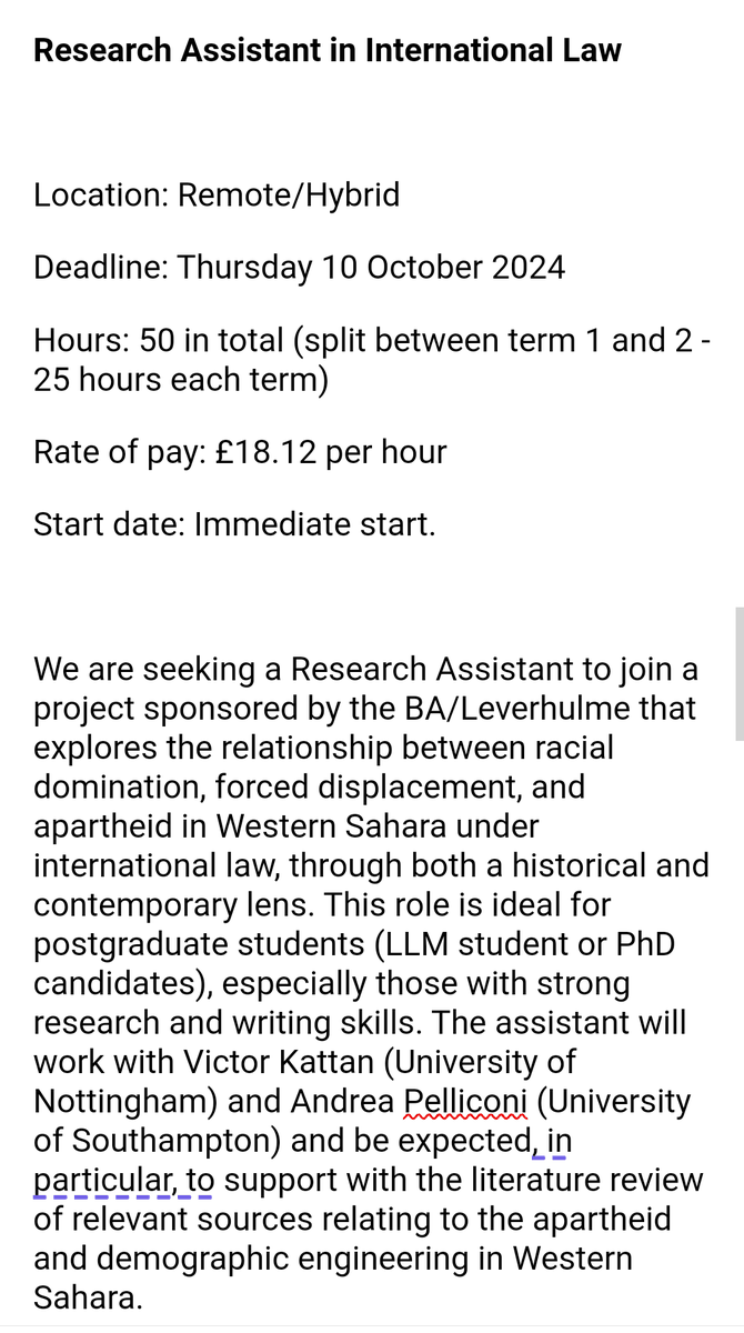AMPelliconi's tweet image. We&apos;re looking for a PG Research Assistant in International Law! 

For a project sponsored by the BA/Leverhulme on the relationship between forced displacement and #apartheid in Western Sahara

Send your application to @VictorKattan by October 10 

Please share!!