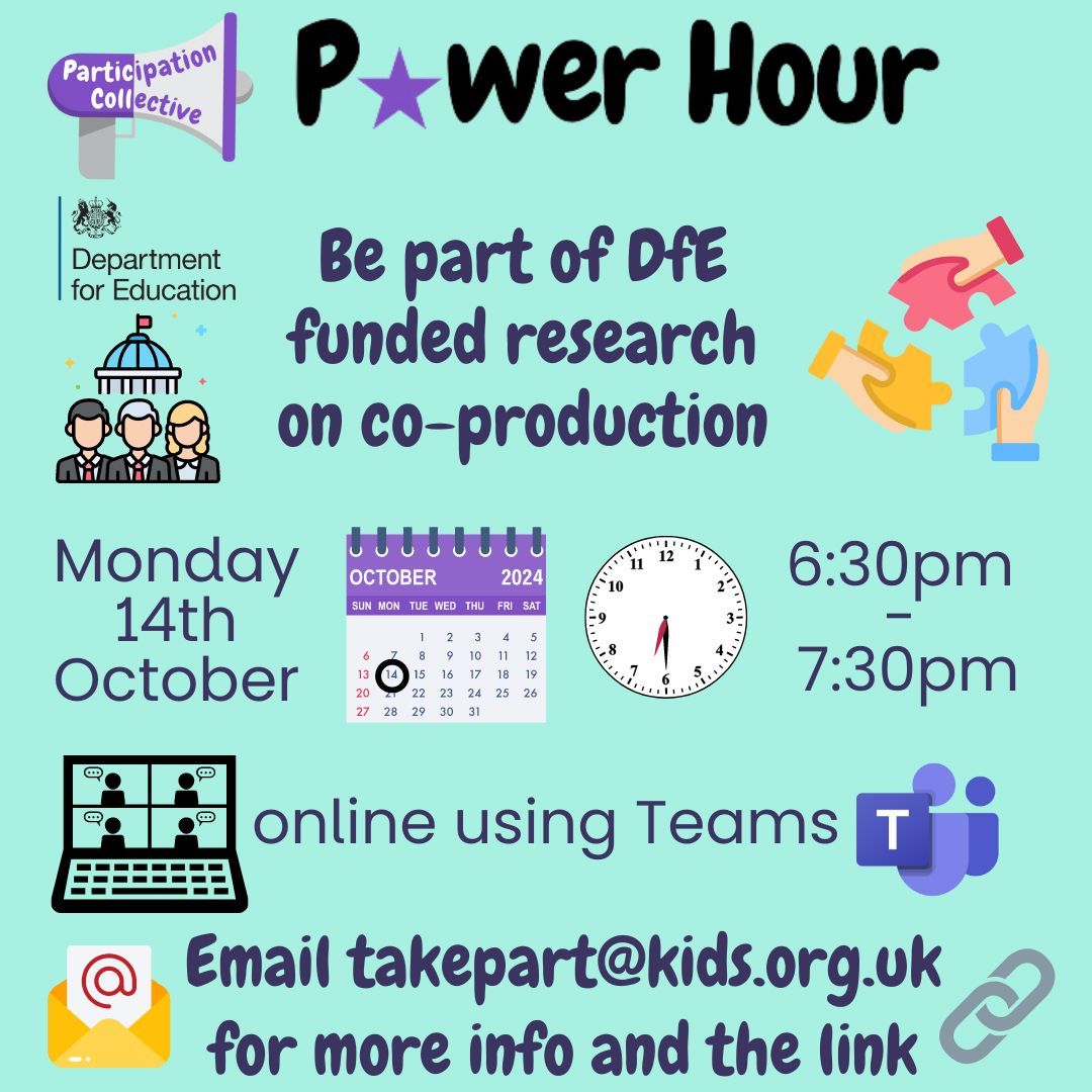 📣 <a href="/KidsCharity/">Kids</a> would love young people aged 13-25 years with SEND to join them at our next Power Hour on Monday 14th October from 6:30pm - 7:30pm.

Please email takepart@kids.org.uk for the link or more information.