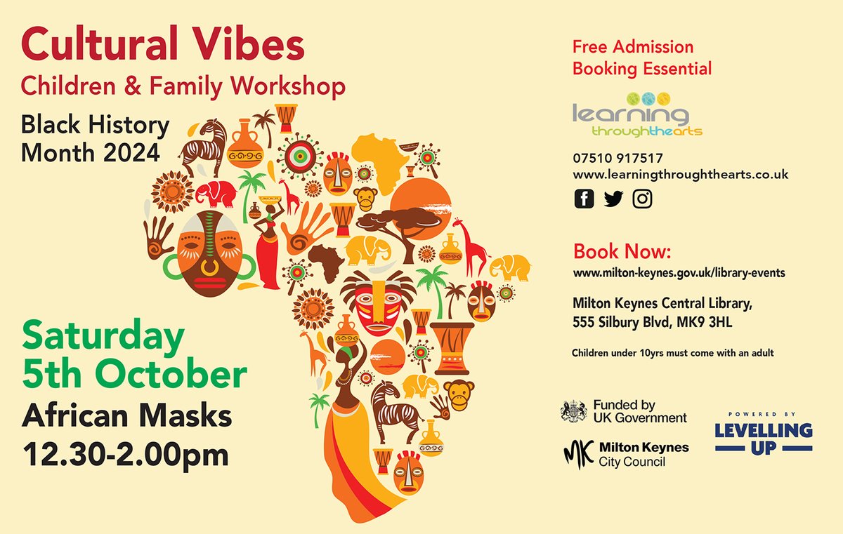 MKLibraries's tweet photo. We’re celebrating #BlackHistoryMonth in October and we’re offering children an African Mask craft workshop with Learning Through the Arts (ages 5-10). It’s on Saturday 5 Oct 12.30-2pm at Central Library. Book your FREE place in advance online at https://t.co/LtbPfdMDW1 https://t.co/TxIMbV2Lv1