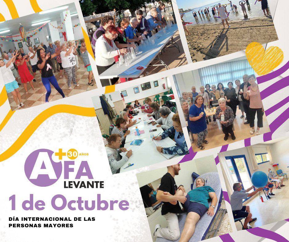 1 DE OCTUBRE - DÍA INTERNACIONAL DE LAS PERSONAS MAYORES

Por nuestra parte, desde AFA Levante, reafirmamos nuestro compromiso de seguir trabajando para proporcionar apoyo, compañía, asesoramiento, recursos y corazón.💜💜💜